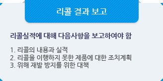 리콜 결과 보고:리콜실적에 대해 다음사항을 보고하여야 함.1. 리콜의 내용과 실적2. 리콜을 이행하지 못한 제품에 대한 조치계획3. 위해 재발 방지를 위한 대책